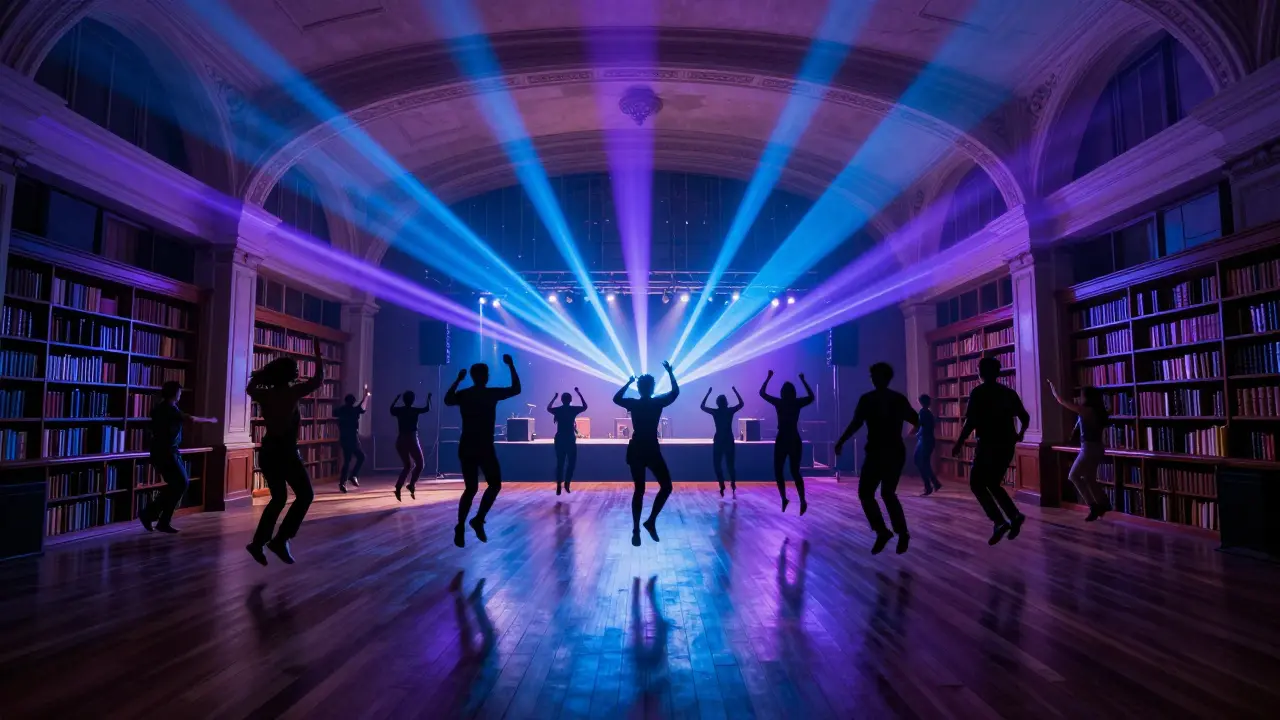 Dancers in a club with vaulted ceilings and colorful laser lighting.