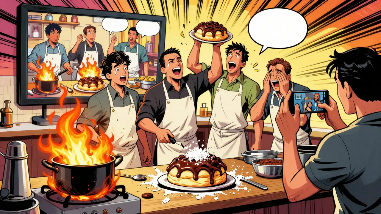 Five men in aprons react to a messy cooking challenge, with burnt food and laughter all around, filmed by a friend.