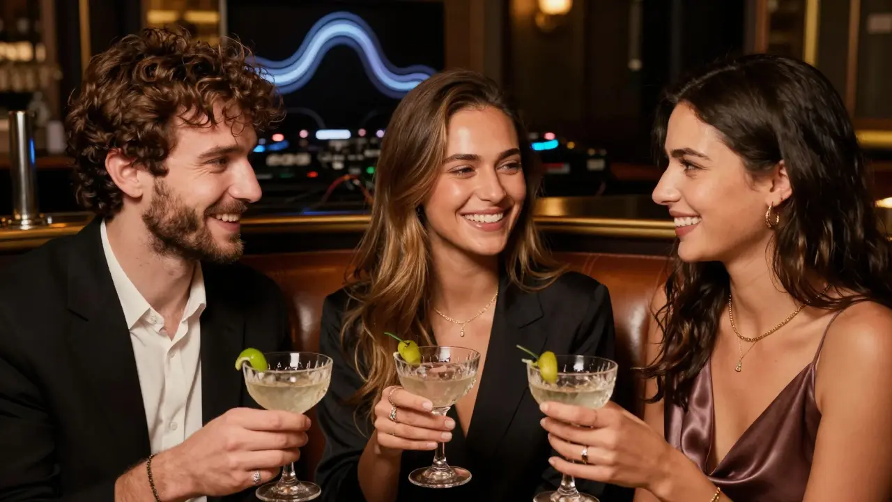 Friends laughing with drinks in a dimly lit nightclub lounge setting.
