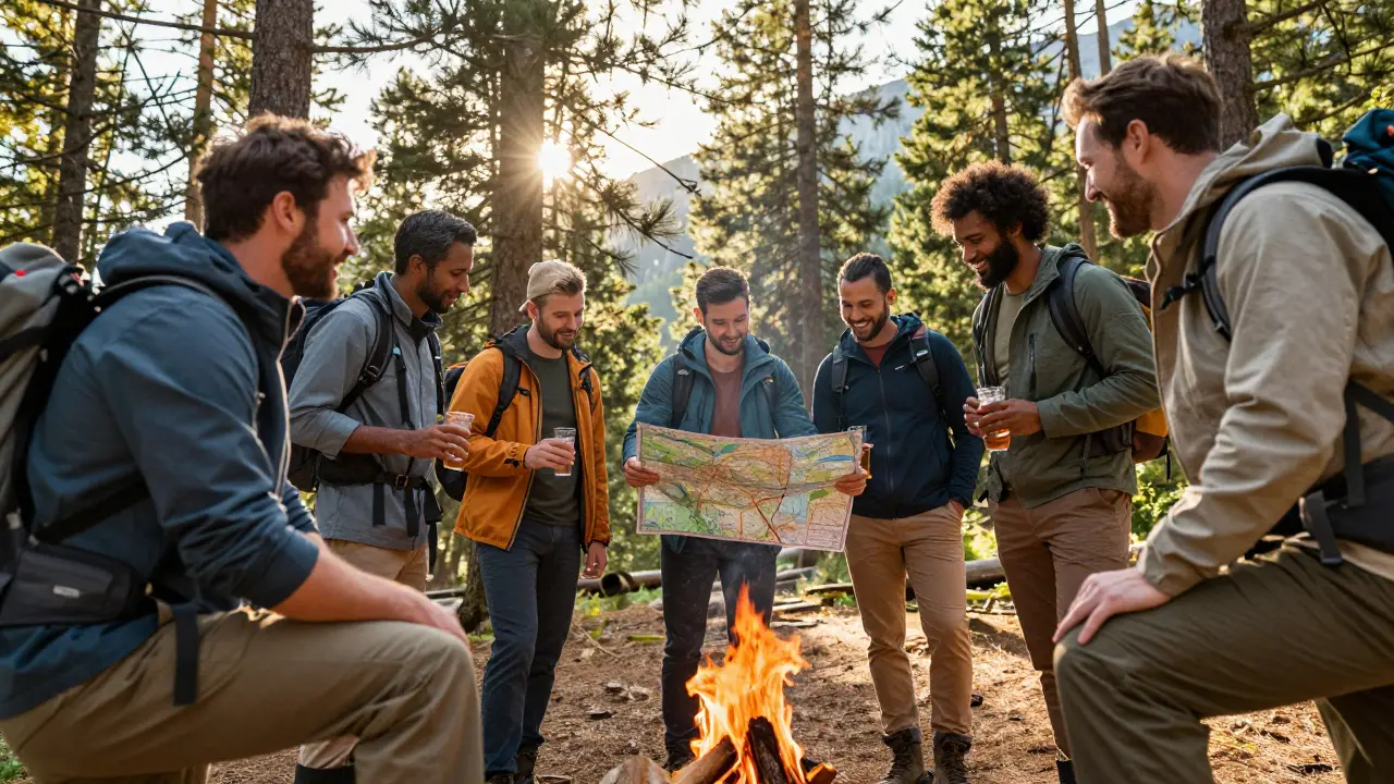 Groomsmen sharing a campfire in mountains at sunrise.