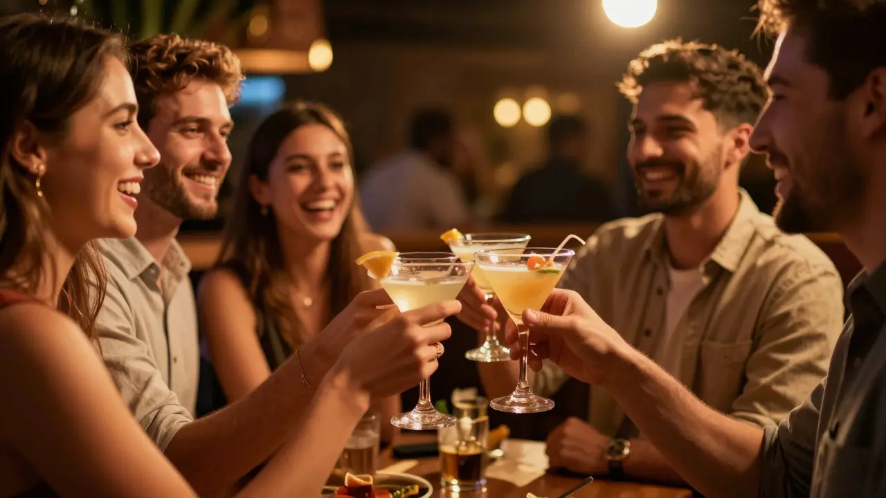 Group of friends celebrating with drinks in a lively venue atmosphere.