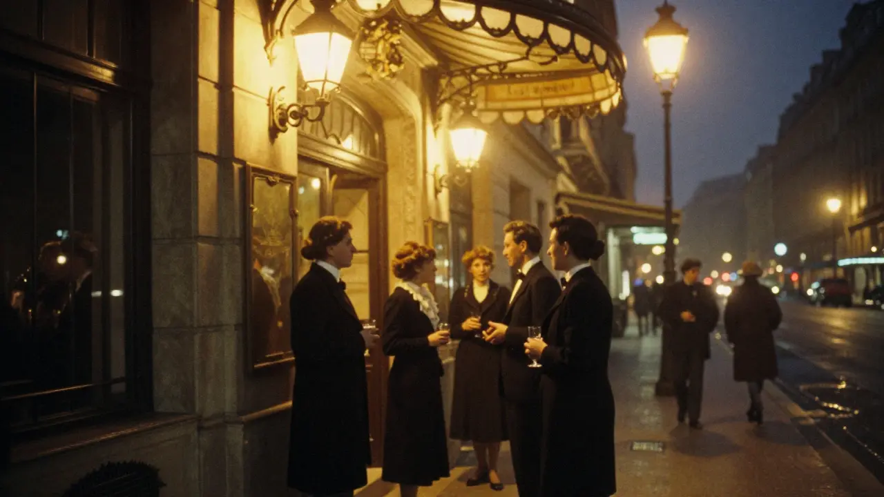 Guests in evening wear standing outside a Paris cabaret at night.
