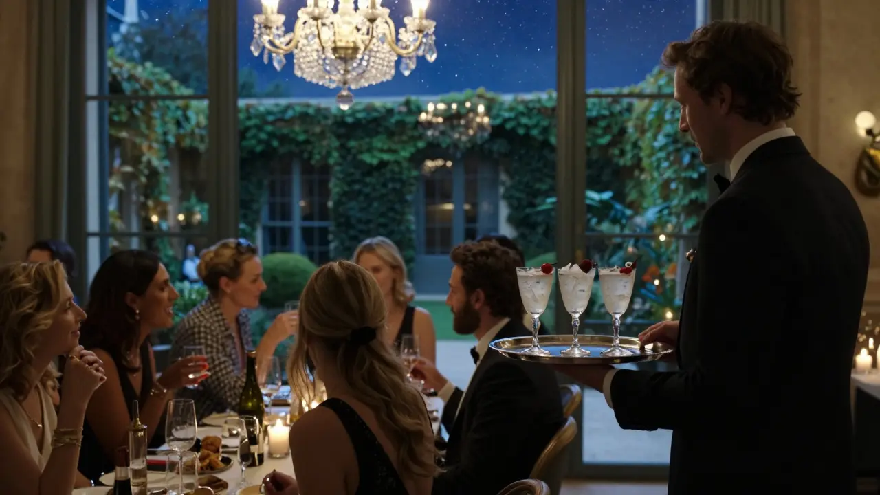 Guests mingling in Matignon's Garden Room under starlit sky with crystal chandeliers and ivy.