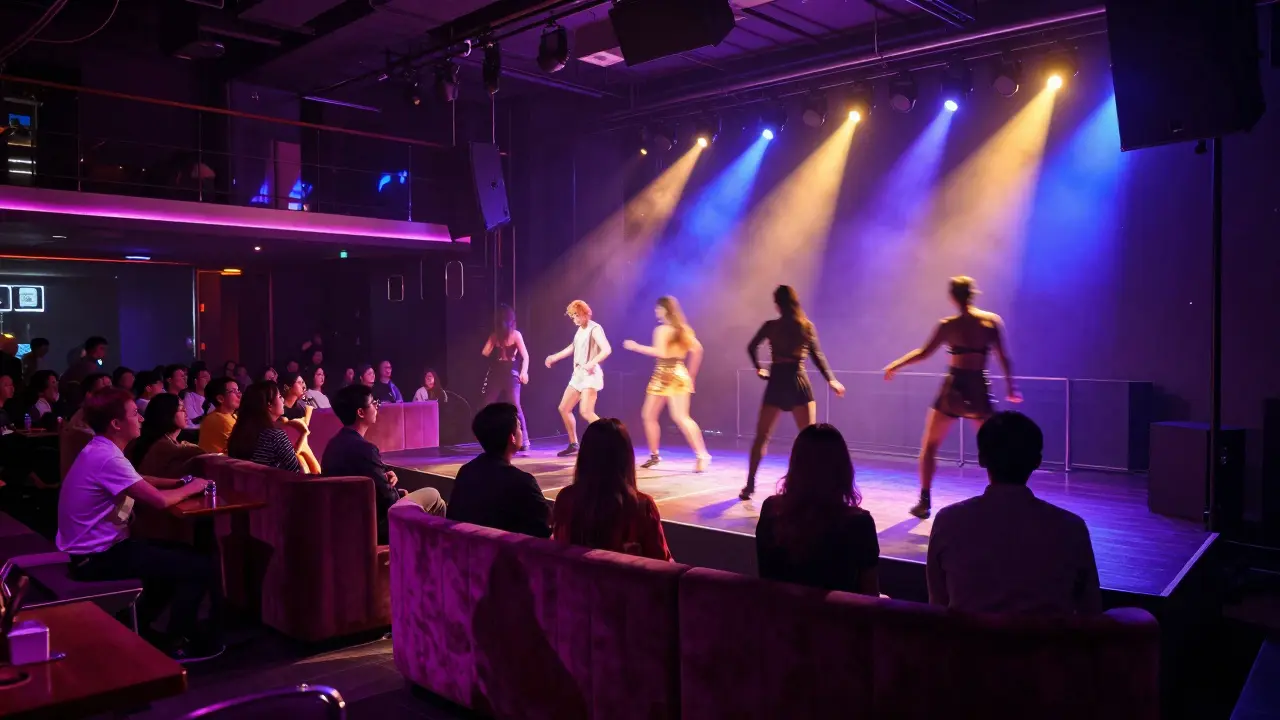 Inside a vibrant nightclub with dynamic lighting and performers on stage.