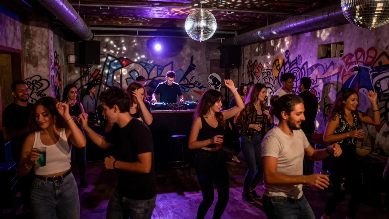 Locals dancing on a vibrant club floor with a DJ spinning under a spotlight.