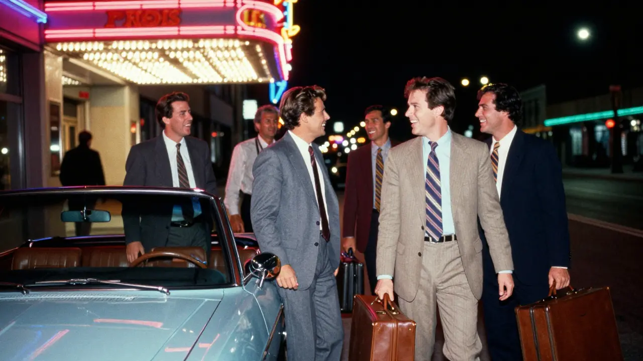 Men in suits standing near neon casino entrance at night.