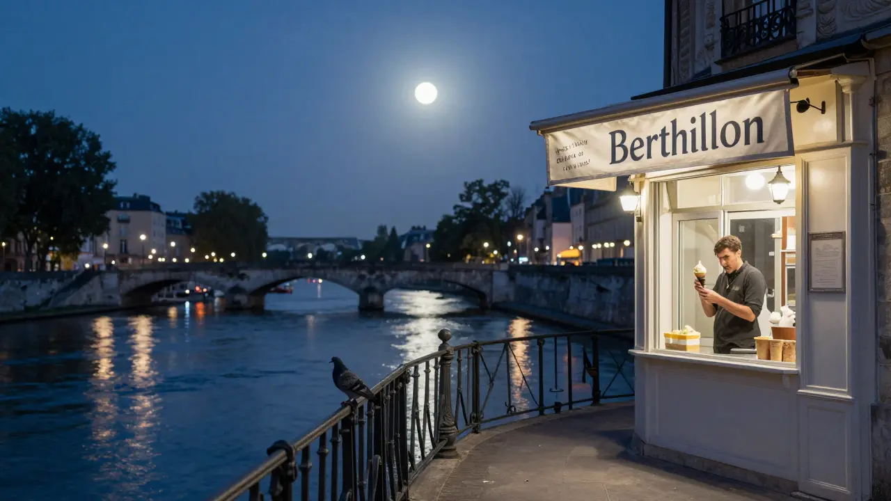 Midnight at Berthillon ice cream shop on Île Saint-Louis, with the Seine reflecting moonlight and gas lamps glowing.