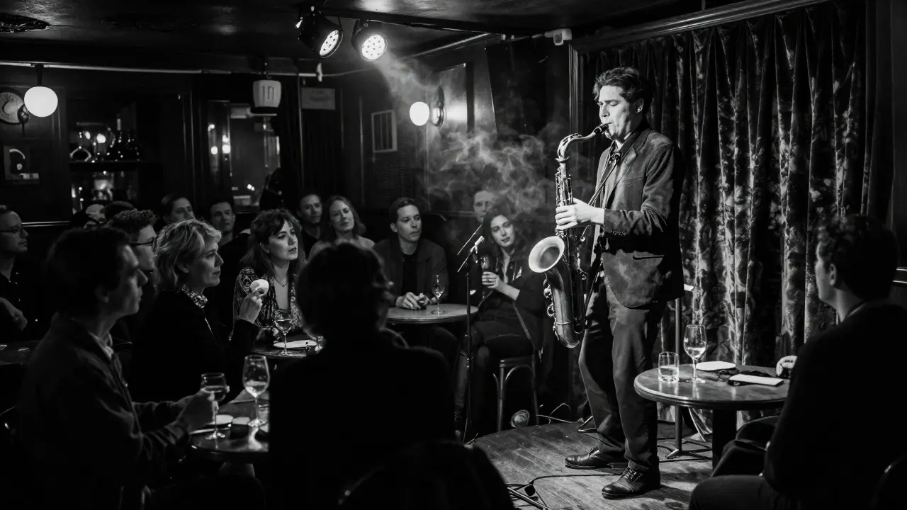 Musician playing jazz in dimly lit paris club with seated audience.