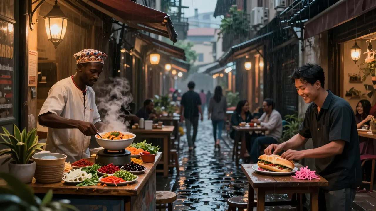 Narrow Paris street at night with Senegalese and Vietnamese food stalls lit by lanterns, patrons enjoying steaming meals.