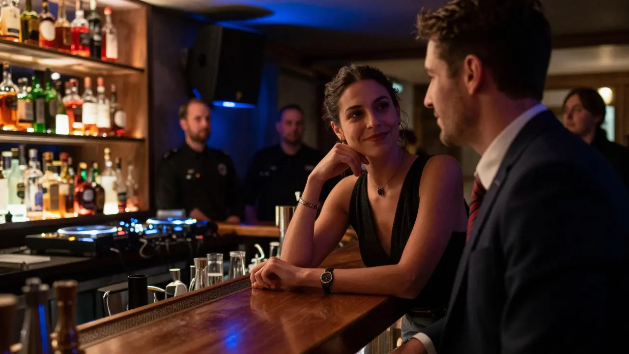 Patrons in formal wear conversing at a dimly lit lounge bar
