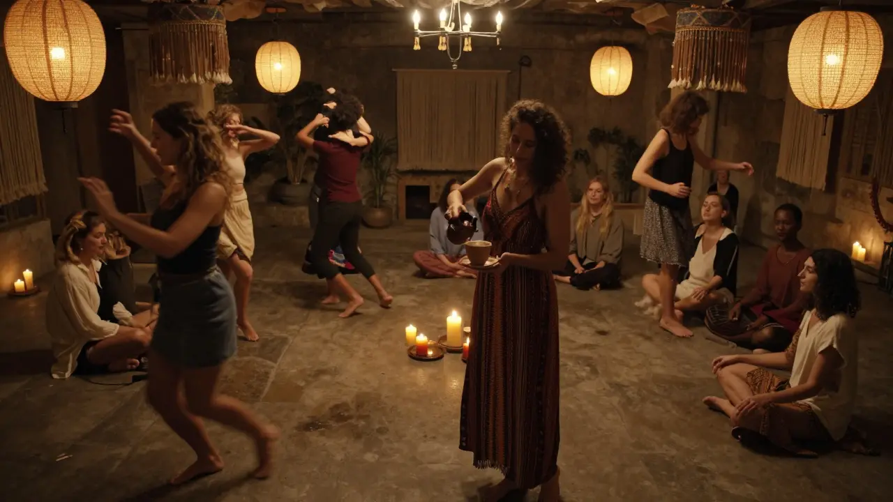 People dance barefoot in a candlelit circle, surrounded by lanterns and incense smoke.