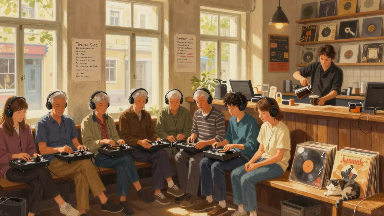 People listen to vinyl on Sunday afternoon at a Paris venue, sunlight streaming through windows.