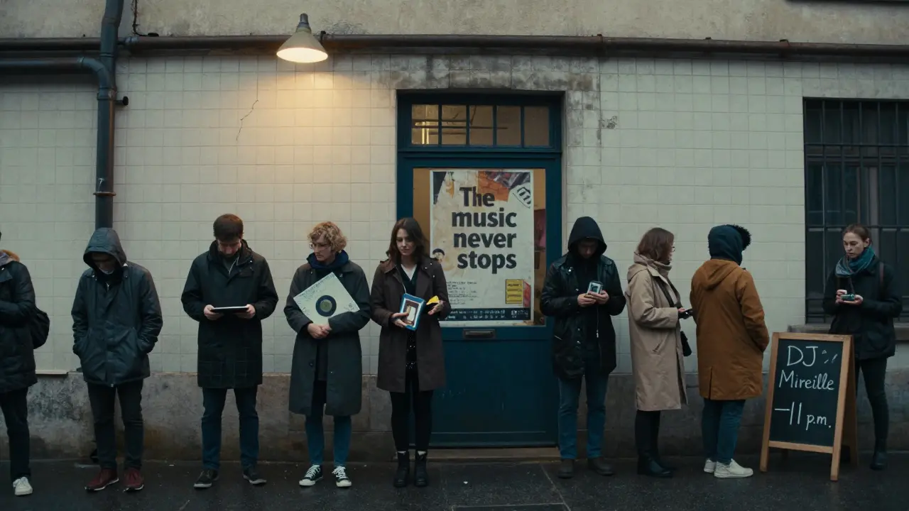 People waiting in the rain outside Garage Paris at dawn, holding records, with a handwritten sign on the door.