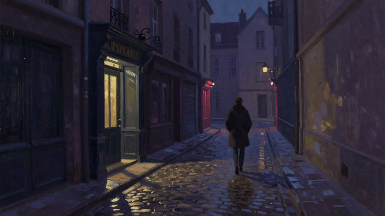 Quiet cobblestone alley in Le Marais district illuminated by soft street lamps.