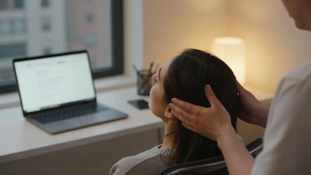 Someone getting a scalp massage in an office chair, eyes closed, as stress melts away in quiet moments.