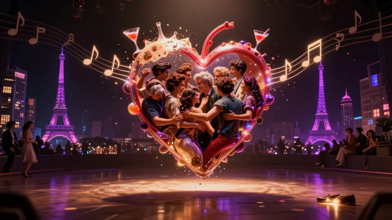 Surreal floating heart made of music and hands above a dance floor, symbolizing unity and energy at Badaboum.