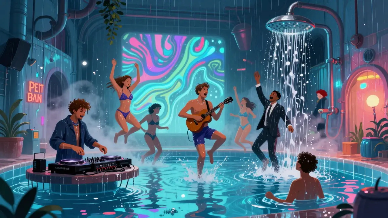 Surreal night scene at Petit Bain with DJs on floating platforms, people dancing in water, and projections on wet walls.