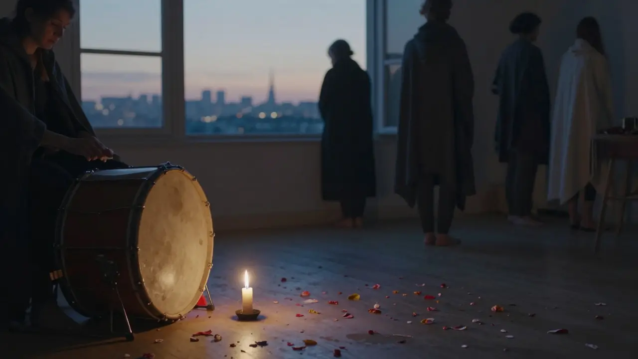 The last candle is blown out as dawn light creeps in, leaving silent, peaceful footprints on the floor.