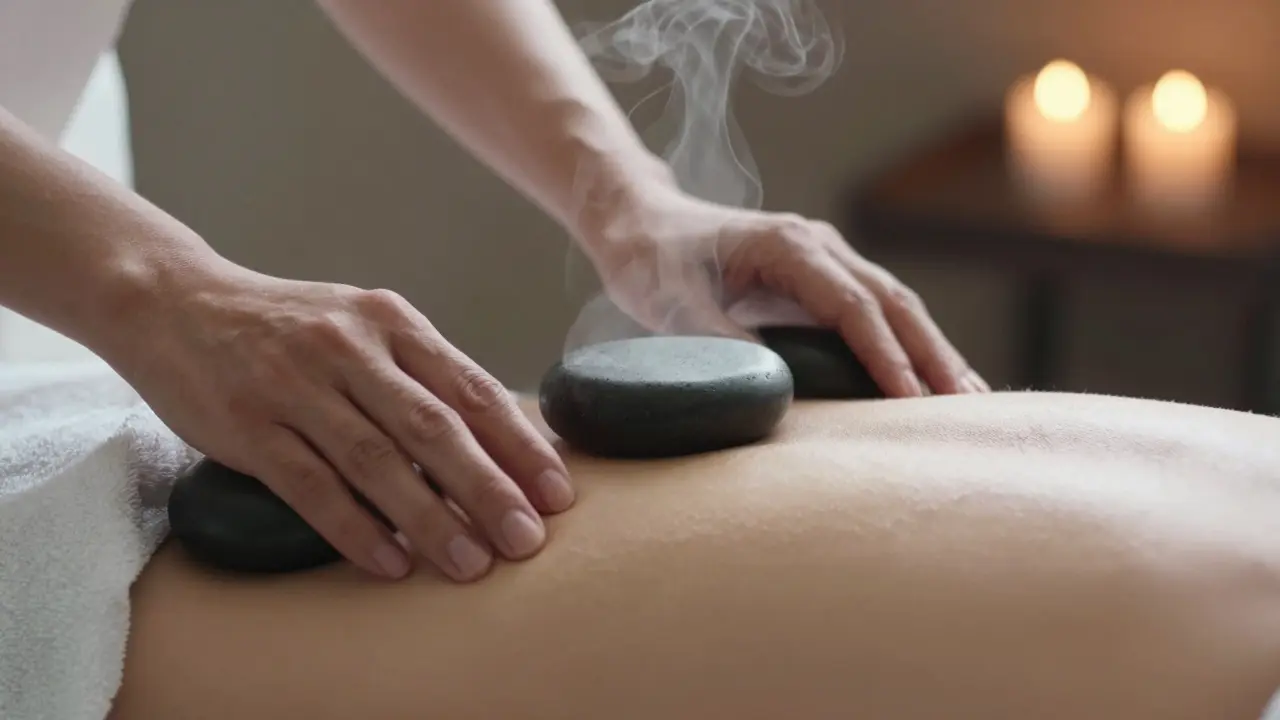 Therapist's hands placing warm stones along a spine, steam rising, soft candlelight in background.
