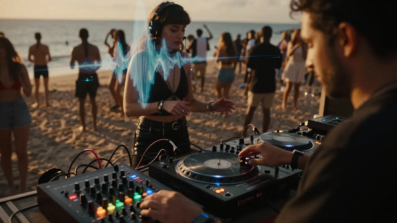 Three renowned DJs performing live with synths and turntables as silhouetted dancers move as one in a dimly lit club.