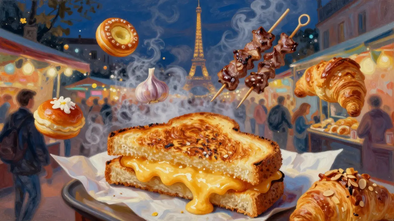 Vibrant scene of Paris night market with melted cheese sandwich, beignets, and skewers floating in aromatic smoke.