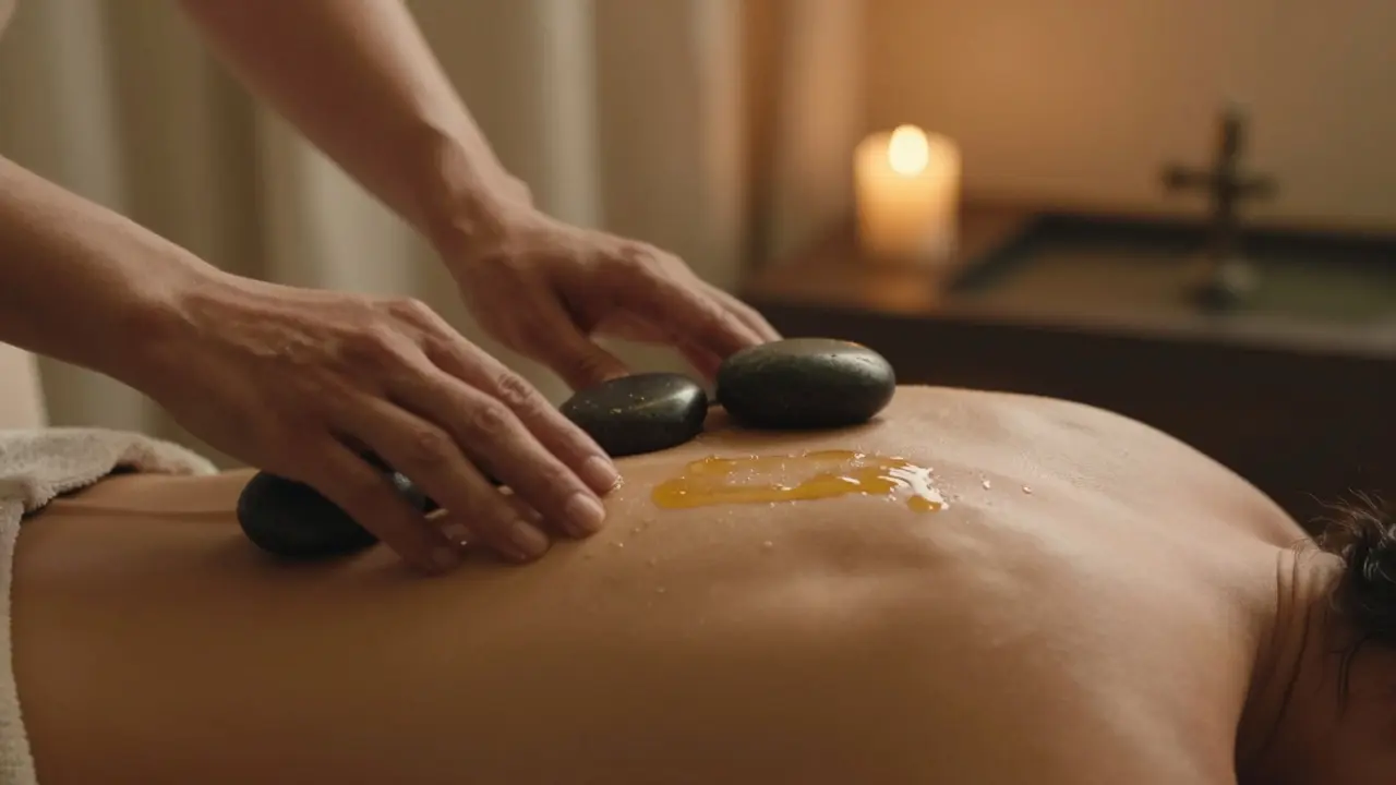Warm stone massage technique with glowing oil on shoulders, candlelight, and tranquil ambiance.